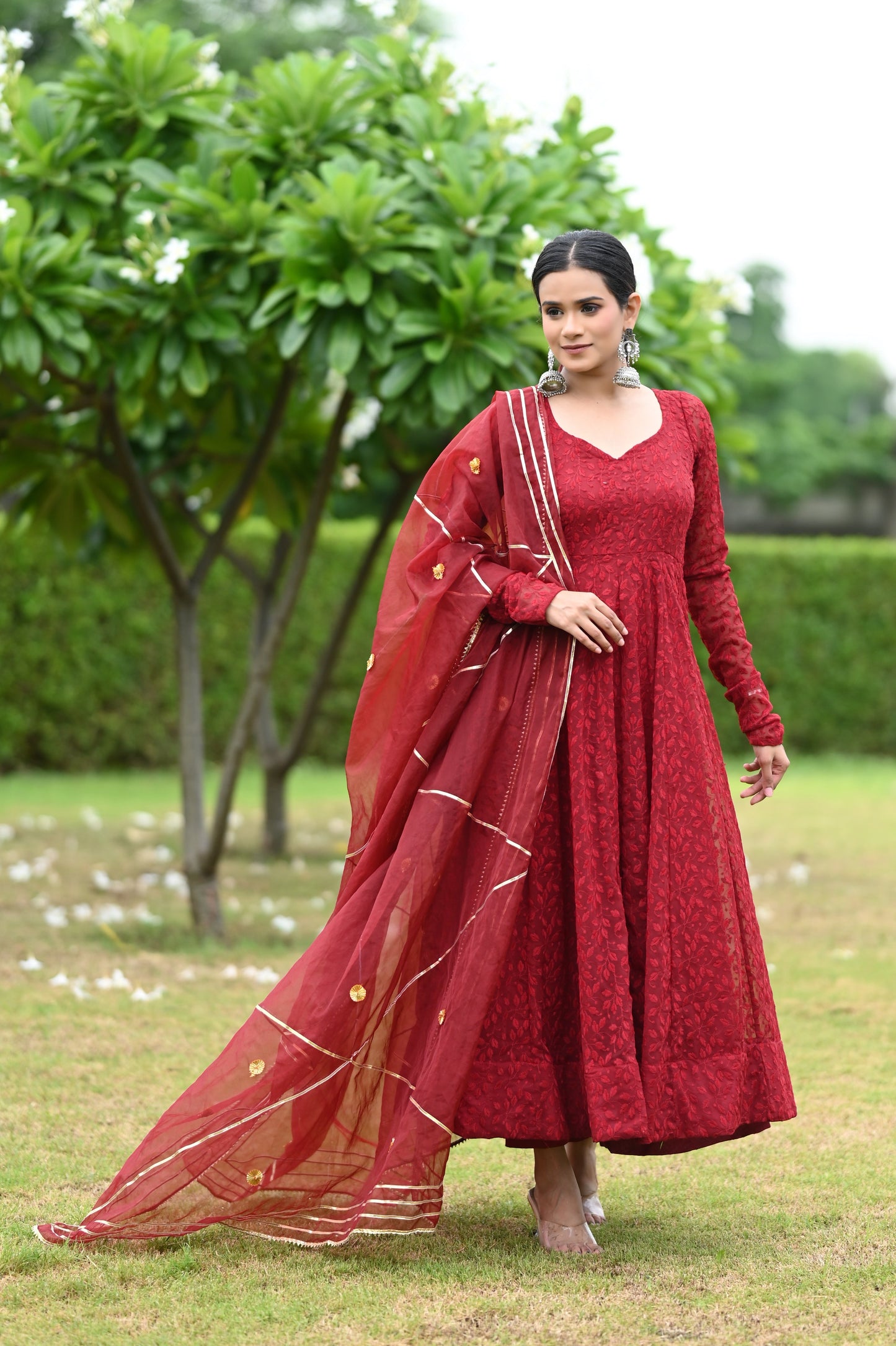 Maroon Chikankari Anarkali Set