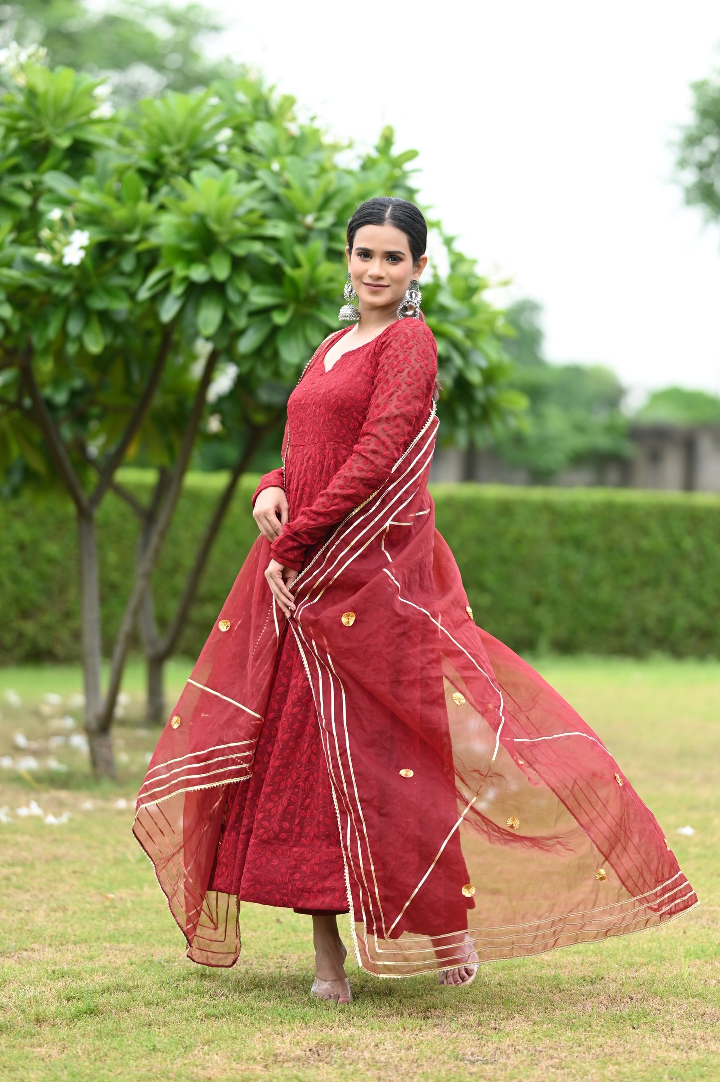 Maroon Chikankari Anarkali Set