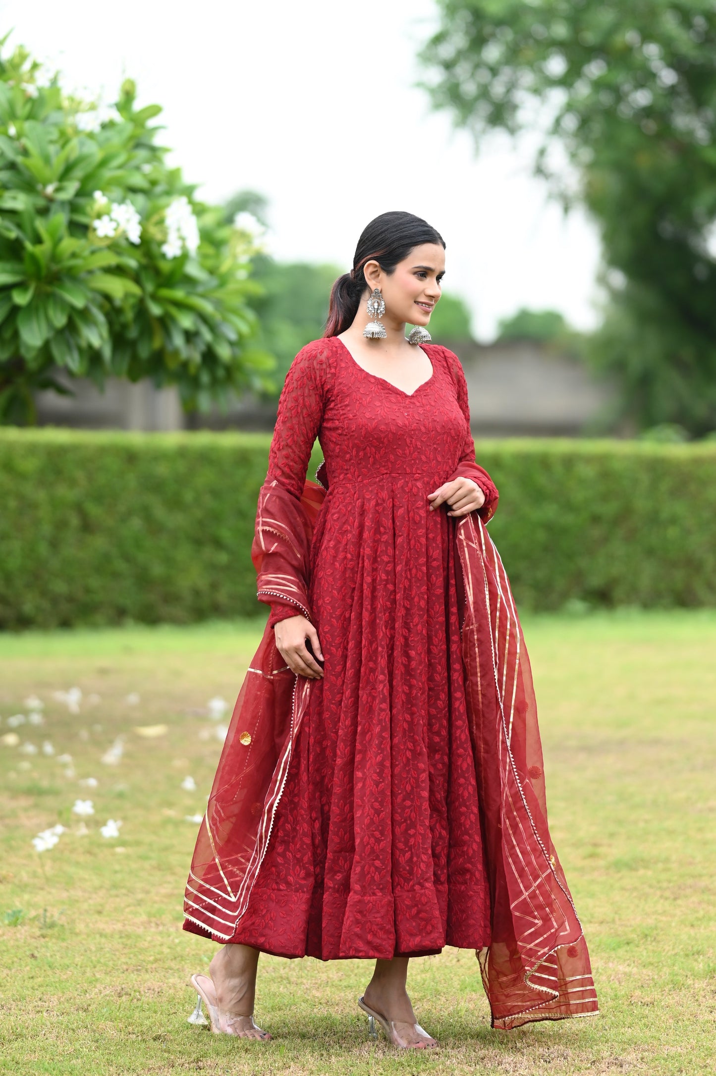 Maroon Chikankari Anarkali Set