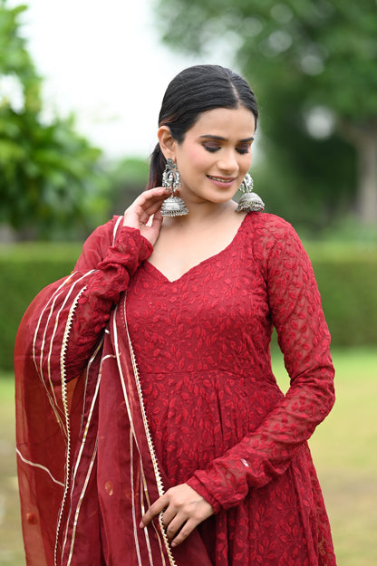 Maroon Chikankari Anarkali Set