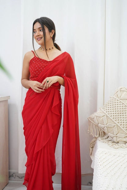 Scarlet Red Pre-Stitched Saree