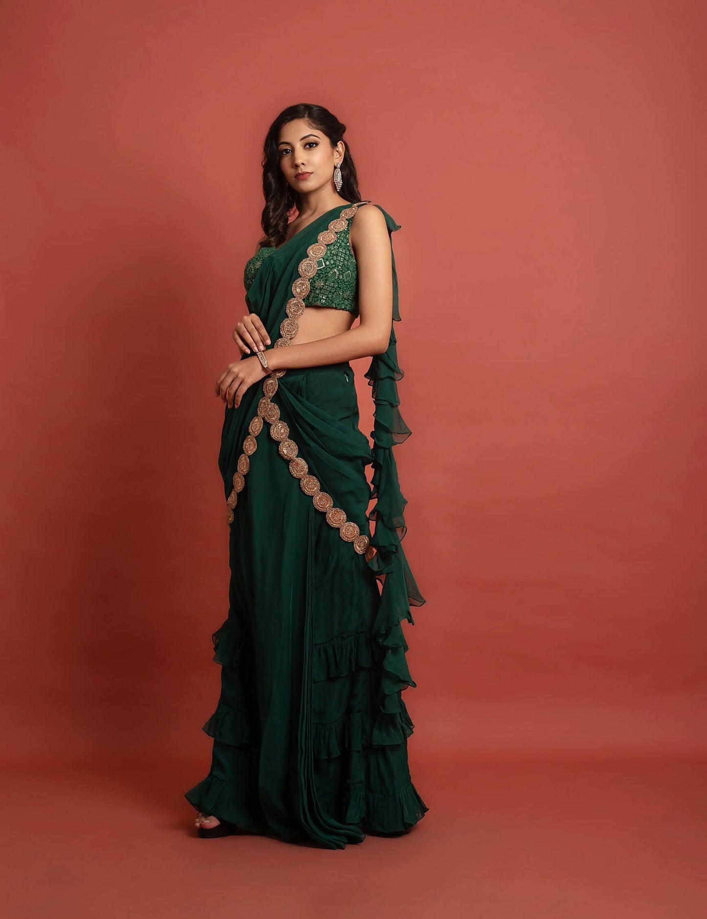 Green Embroidered Ready to Wear Saree