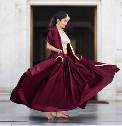 Maroon Skirt Crop Top and Cape Set