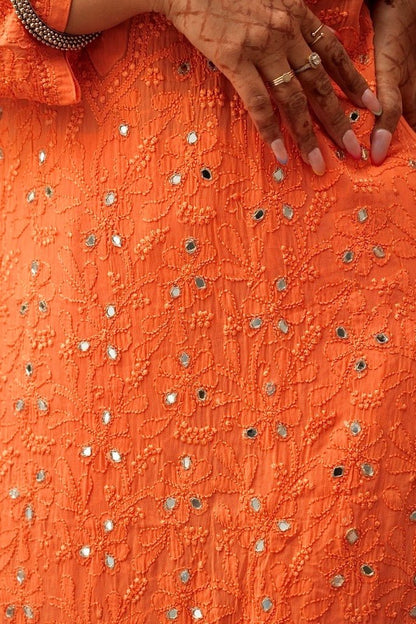 Inara Chikankari and mirror work Garara set in Orange