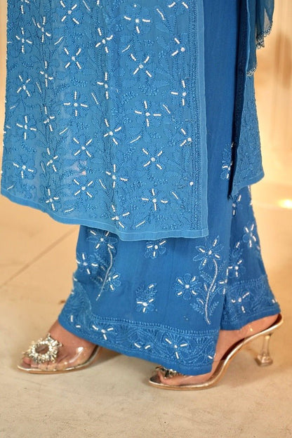 Sia chikankari and pearl work kurti in blue ombre'