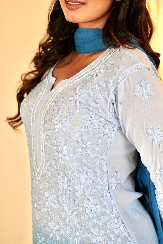 Sia chikankari and pearl work kurti in blue ombre'