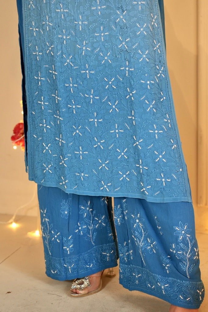 Sia chikankari and pearl work kurti in blue ombre'