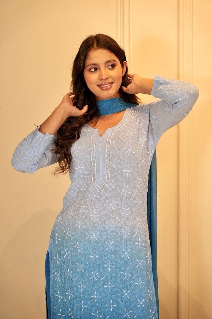 Sia chikankari and pearl set in Blue ombre'