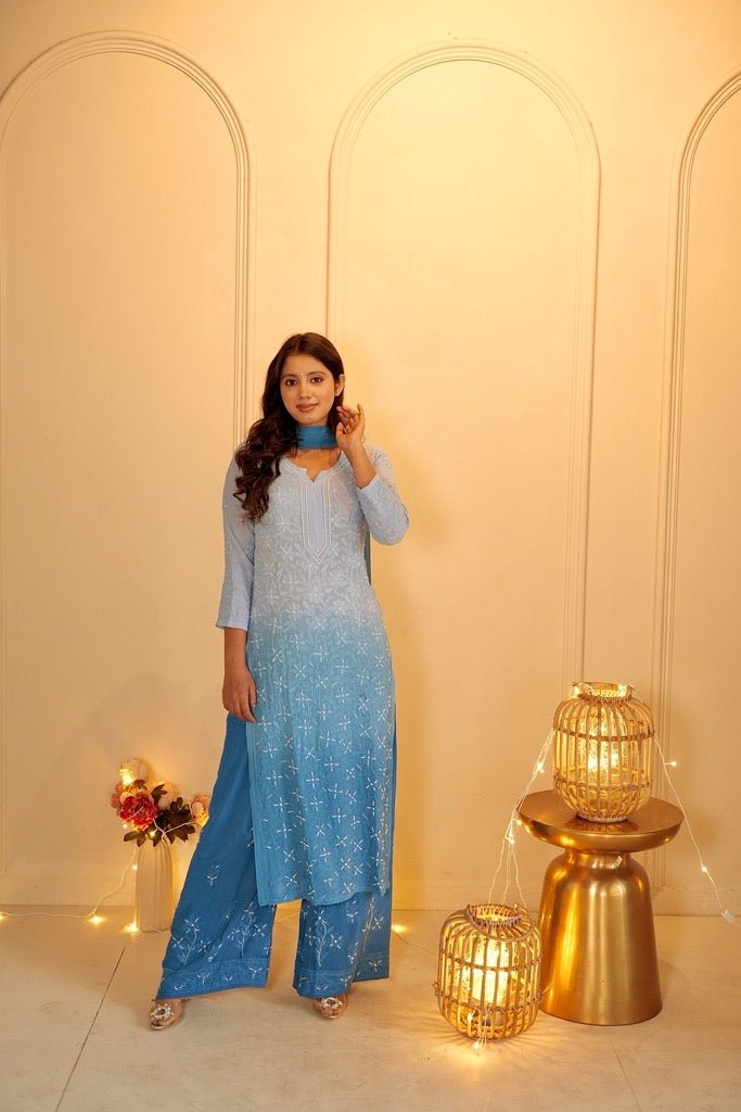 Sia chikankari and pearl work kurti in blue ombre'