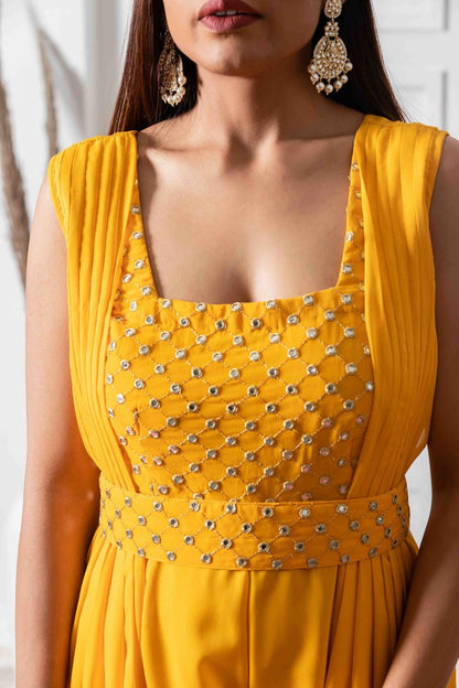 Sunshine Yellow and Golden Indo-western Jumpsuit