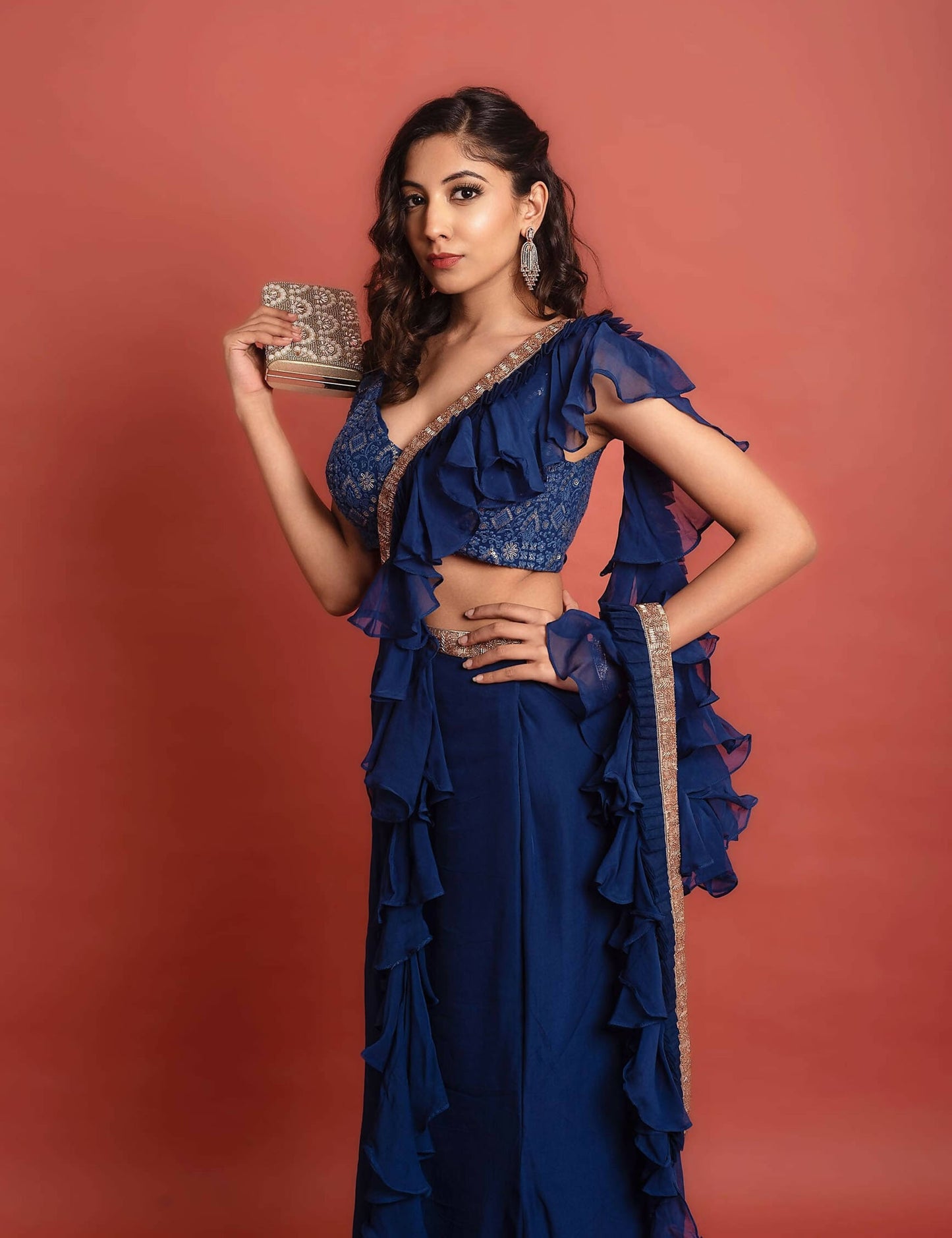 Navy Embroidered Ready to Wear Saree