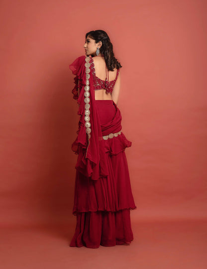 Marcella Embroidered Ruffle Ready to Wear Saree