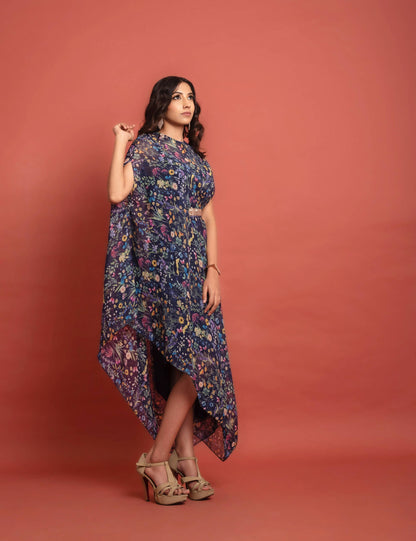 Blue Asymmetric Draped Kaftan