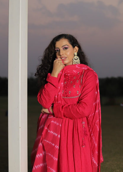 Gulabi Pearl Anarkali with bandhani dupatta