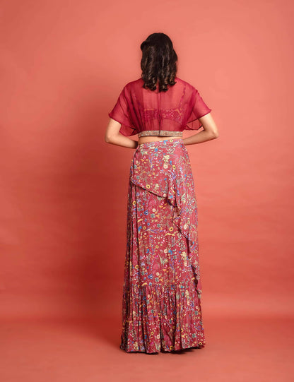 Deep Red Kimono Lehenga Set