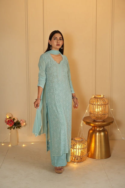 Sia chikankari and pearl set in Sea green