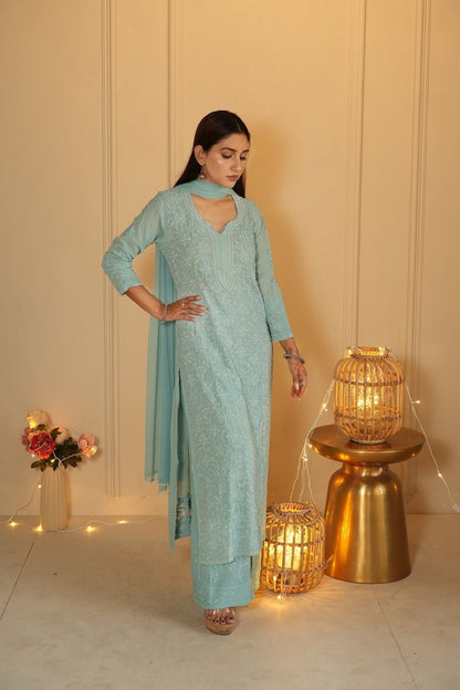 Sia chikankari and pearl set in Sea green