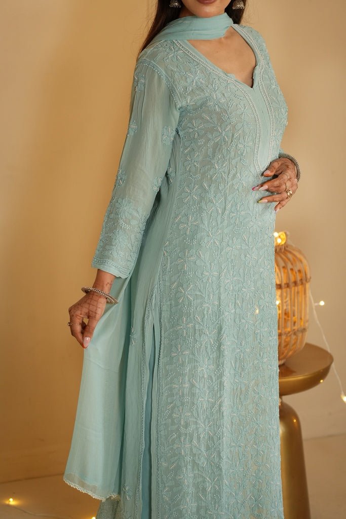 Sia chikankari and pearl set in Sea green