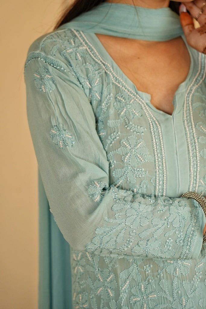 Sia chikankari and pearl set in Sea green