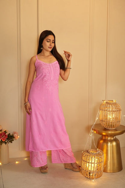 Zia noodle strap chikankari Kurti in pink