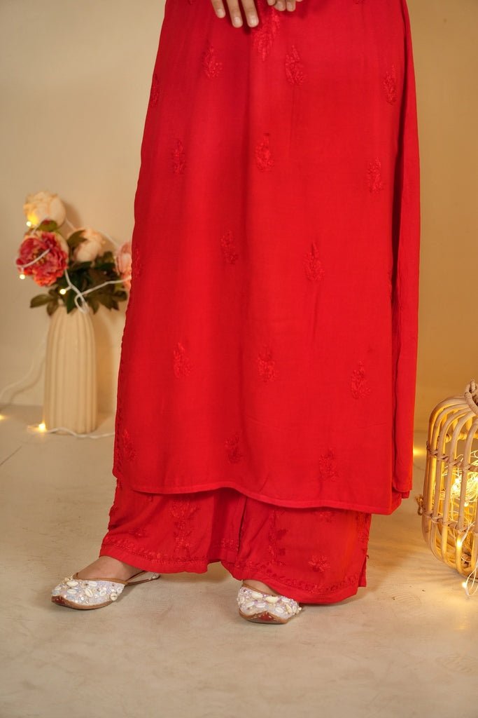 Zia noodle strap chikankari Kurti in red