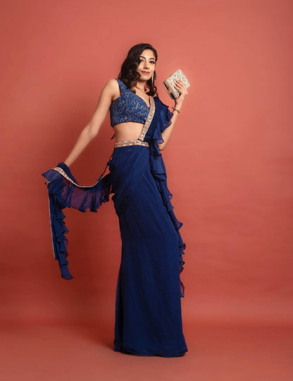 Navy Embroidered Ready to Wear Saree