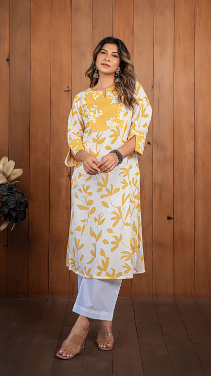 Meha Mul Cotton Kurta - White/Yellow