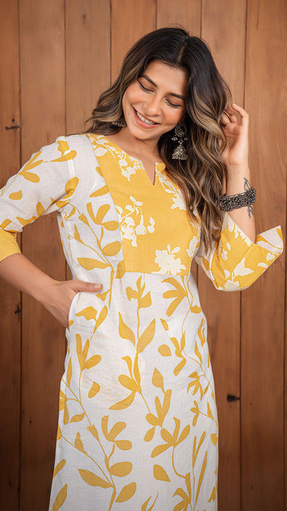 Meha Mul Cotton Kurta - White/Yellow