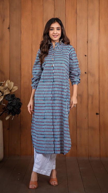 Tina Sanganeri Cotton Jabha Kurta With Culotte Pants- Blue