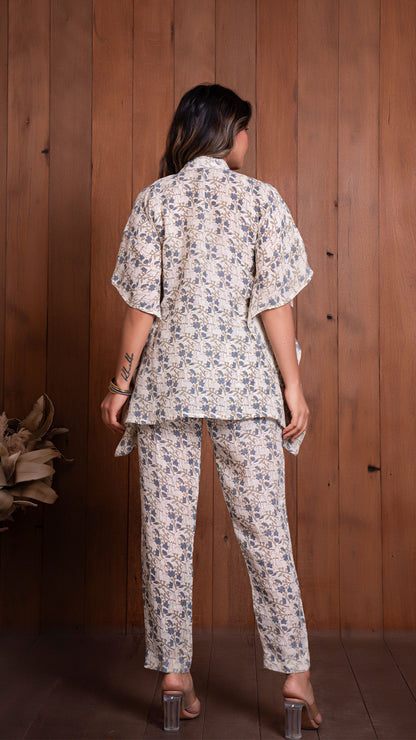 Off White Dove Print Linen Kaftan Style Co-ord Set