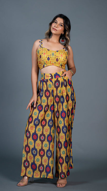 Yellow Ikkat Print Pleated Pants in Silk + Silk Embellished Crop Top