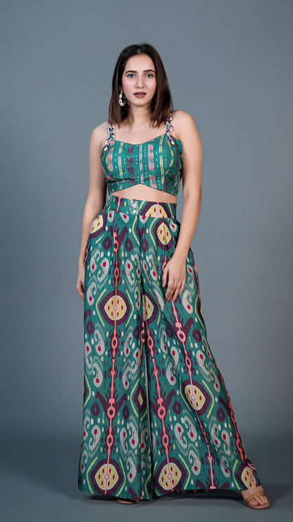 Green Ikkat Print Pleated Pants in Silk + Silk Embellished Crop Top