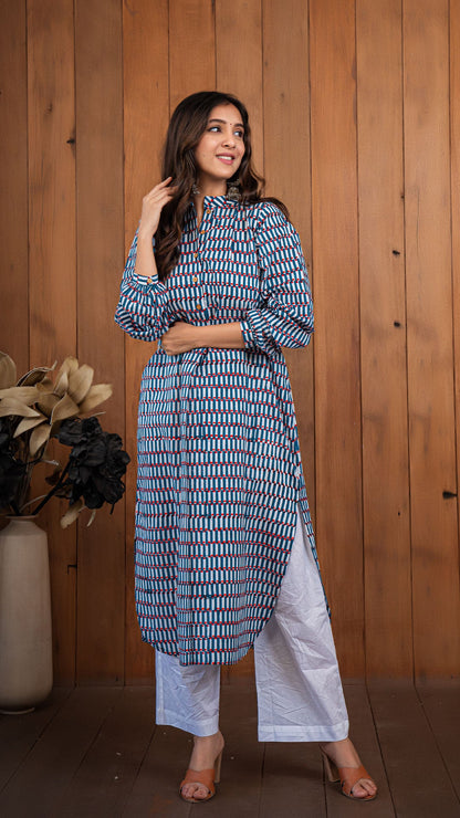 Tina Sanganeri Cotton Jabha Kurta With Culotte Pants- Blue