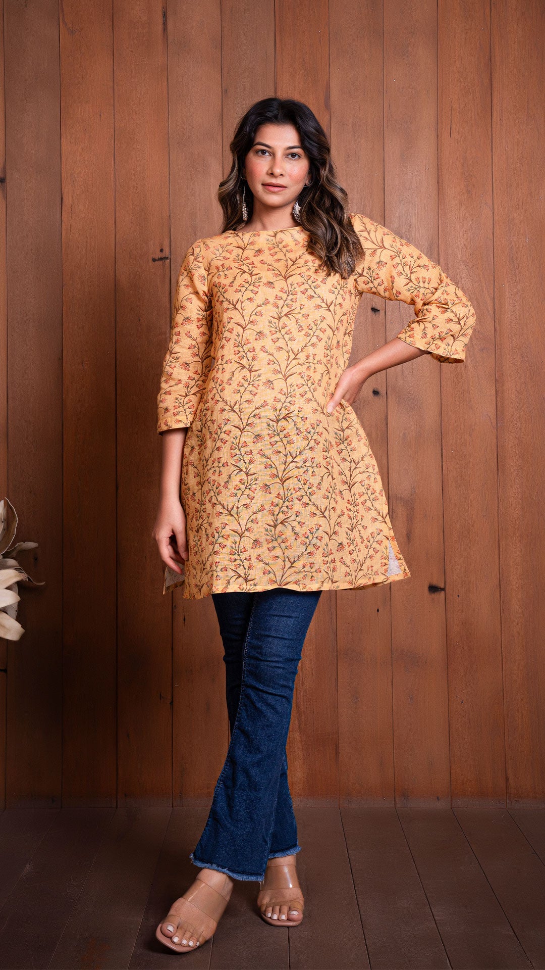 Mustard Floral Jaal Linen Short Top