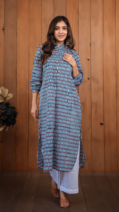 Tina Sanganeri Cotton Jabha Kurta With Culotte Pants- Blue