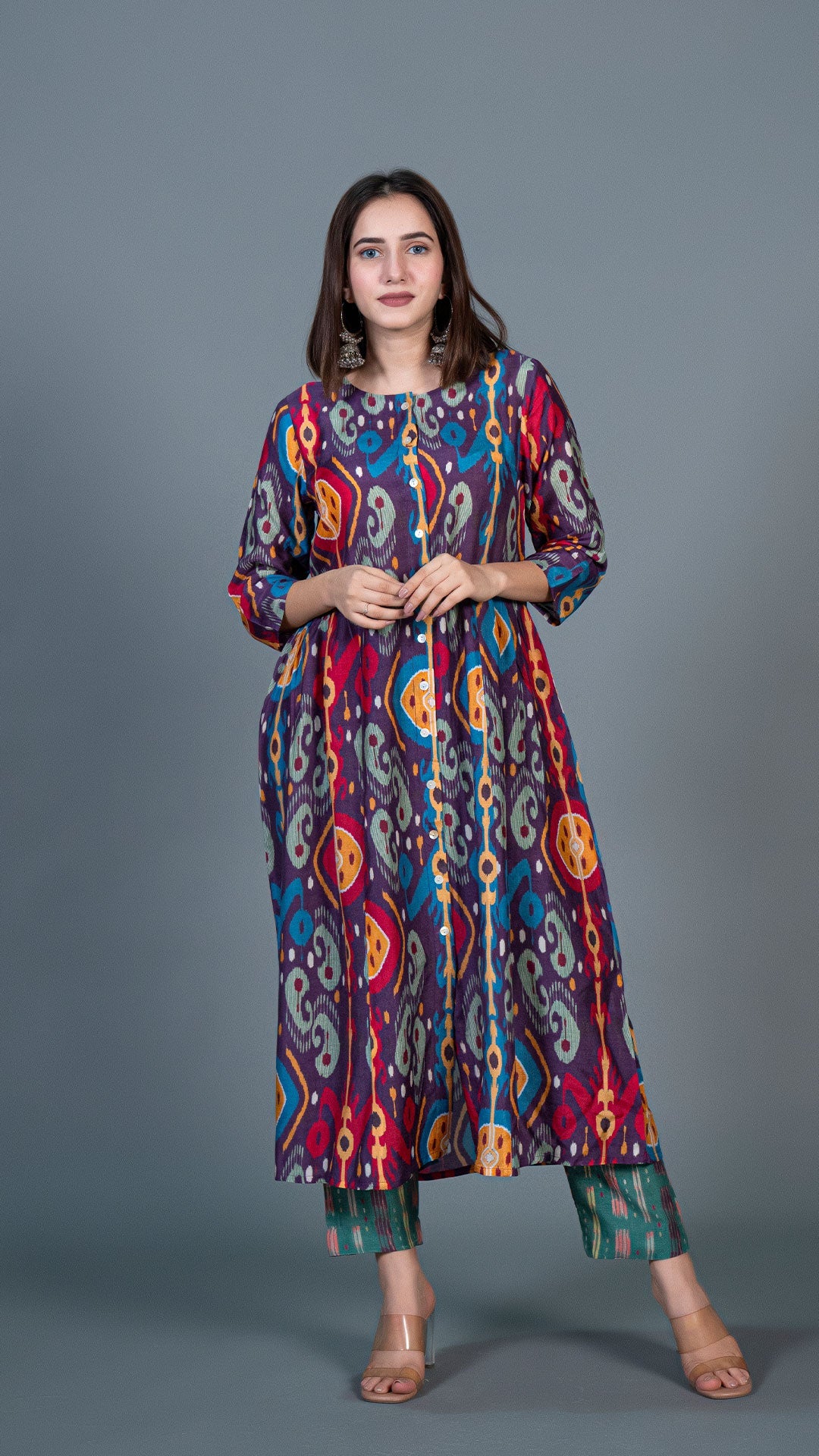 Purple Ikkat Print Pleated Kurta In Cotton Silk