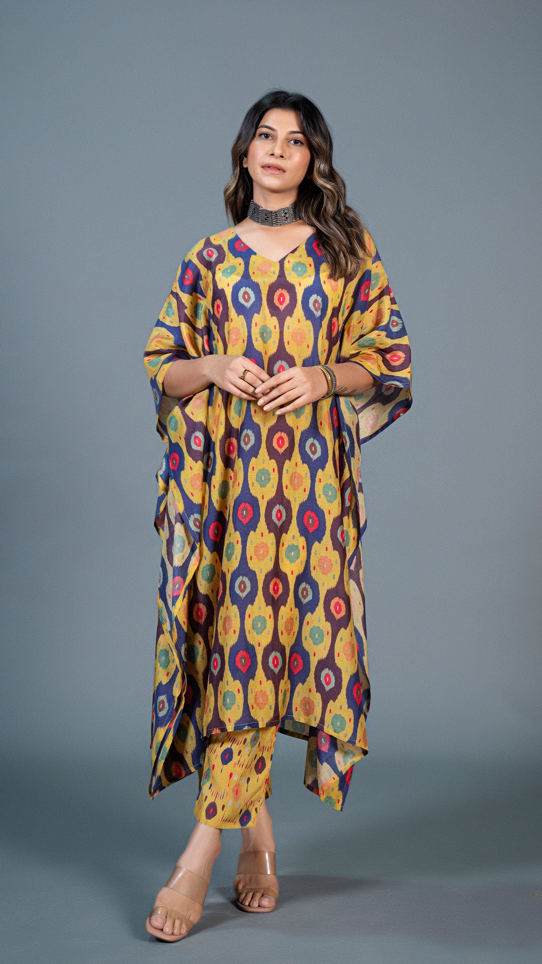 Yellow Ikkat Print Kaftan Kurta In Cotton Silk