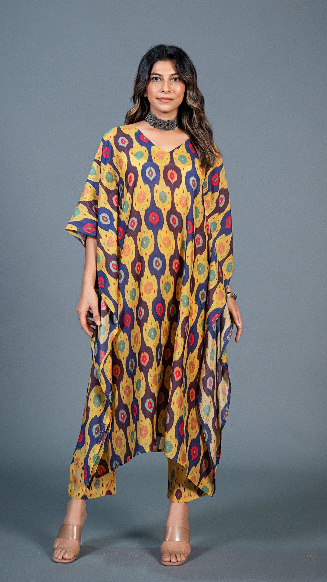 Yellow Ikkat Print Kaftan Kurta In Cotton Silk