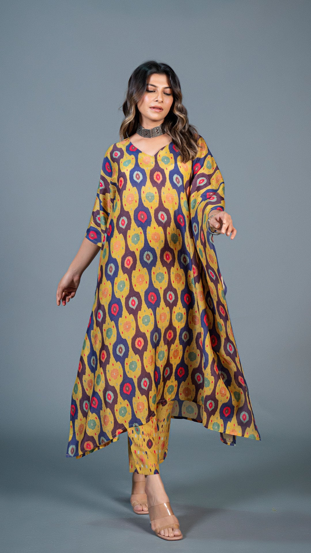 Yellow Ikkat Print Kaftan Kurta In Cotton Silk