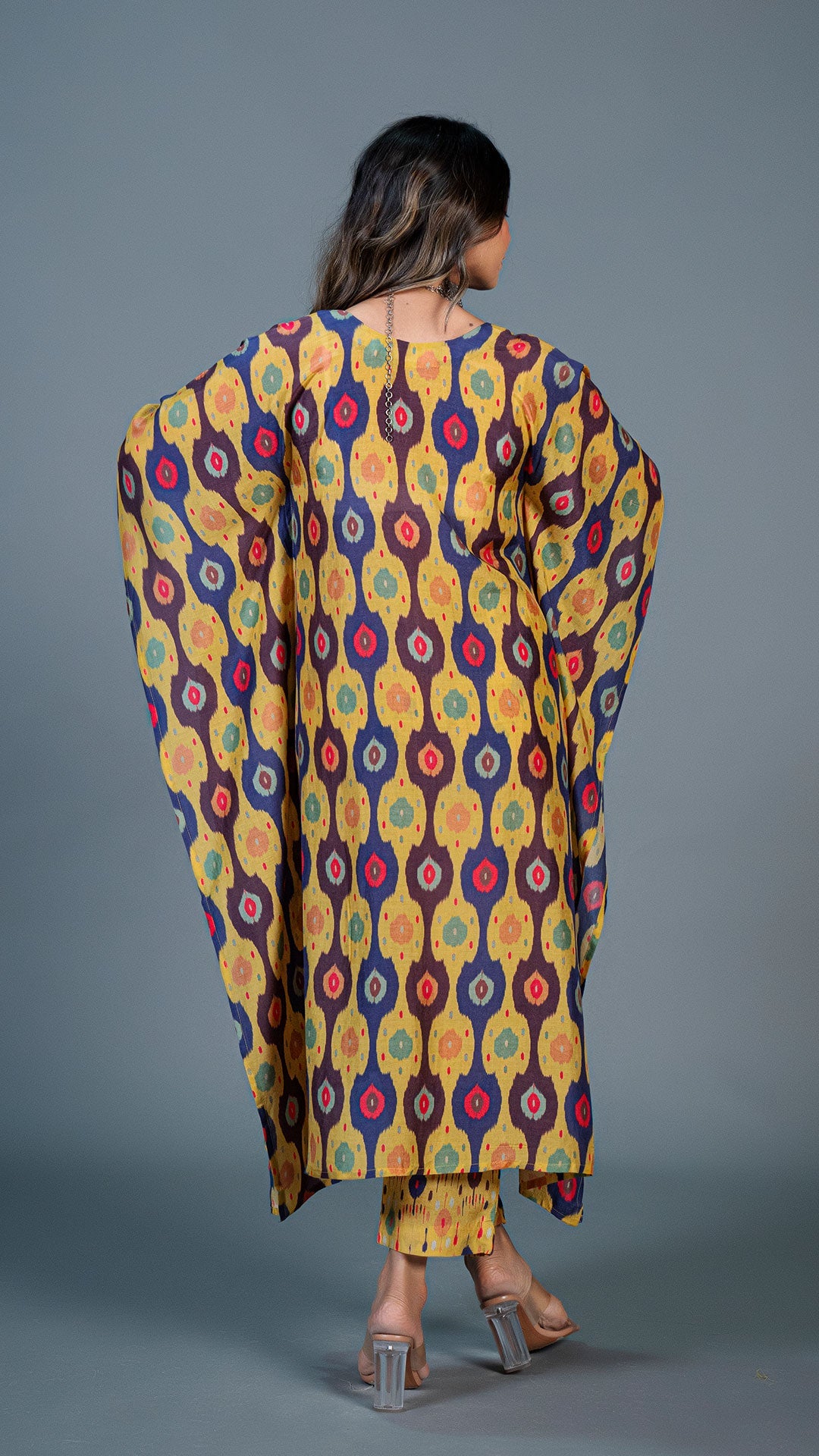 Yellow Ikkat Print Kaftan Kurta In Cotton Silk