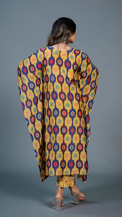 Yellow Ikkat Print Kaftan Kurta In Cotton Silk