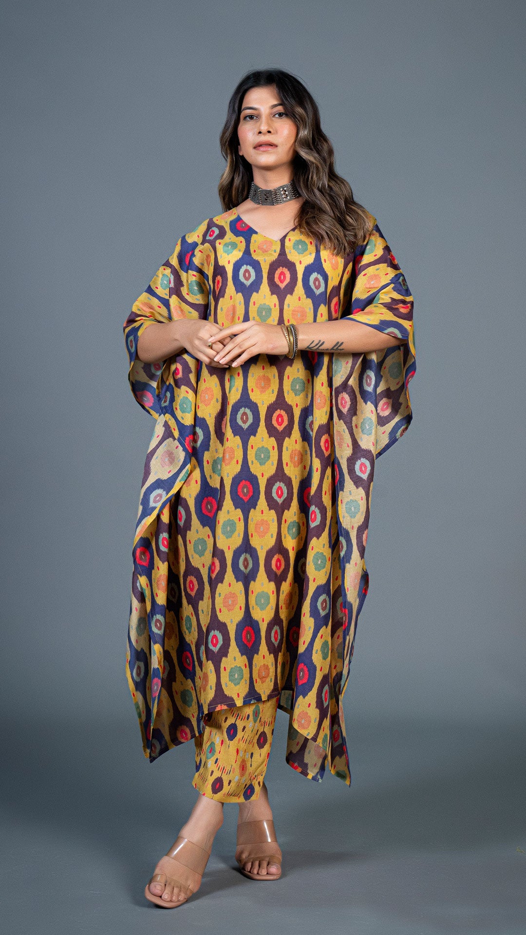 Yellow Ikkat Print Kaftan Kurta In Cotton Silk