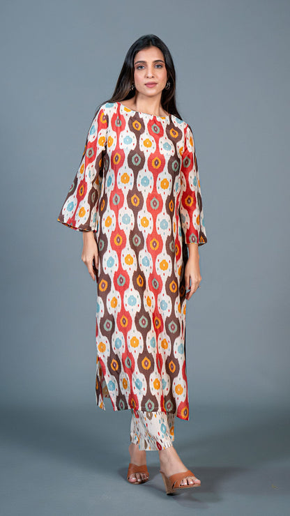 Off White Ikkat Print Kurta In Cotton Silk