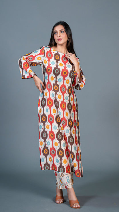 Off White Ikkat Print Kurta In Cotton Silk