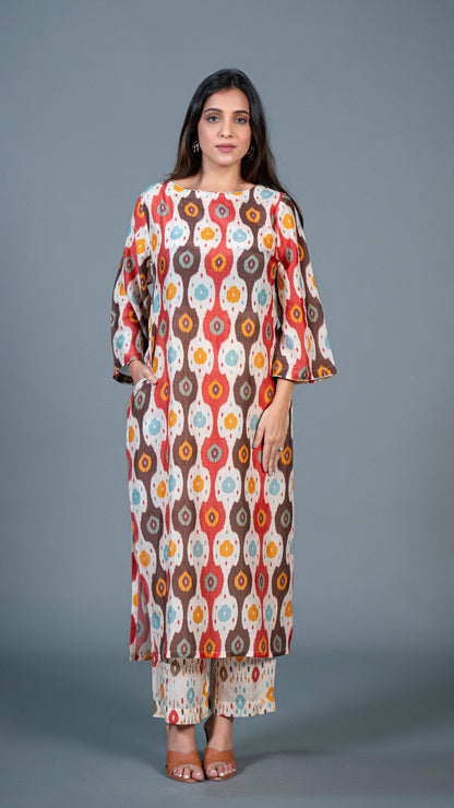 Off White Ikkat Print Kurta In Cotton Silk