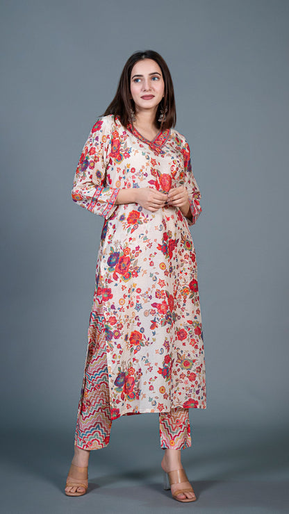 Off White Floral Print Kurta In Cotton Silk