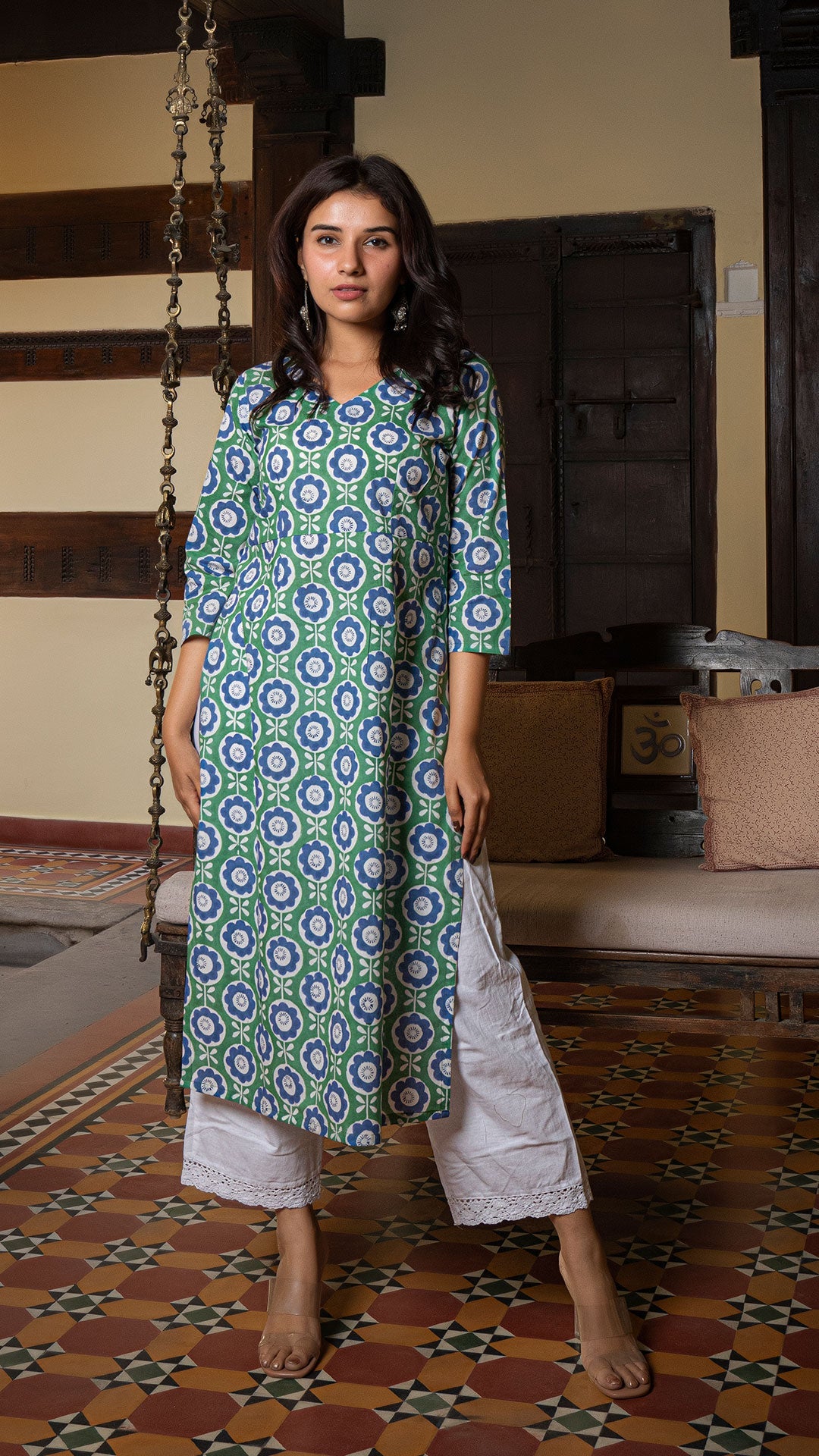 Megha Sanganeri Hand Block Cotton Kurta In Green/Blue