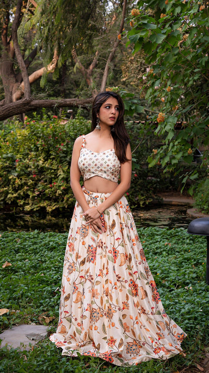 Birds Of Paradise Silk Lehenga Set -Off White