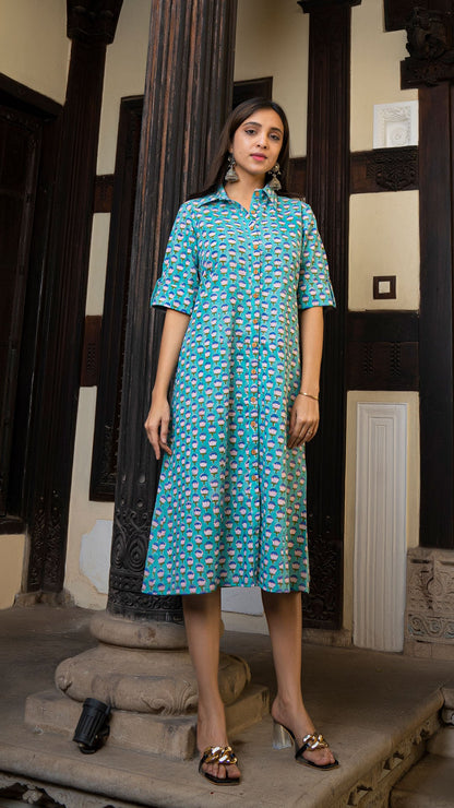 Saanvi Sanganeri Hand Block Cotton Shirt Dress