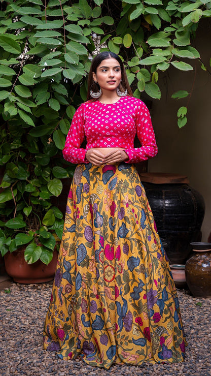 Kalamkari Silk Lehenga - Mustard Yellow with Bandhani Blouse